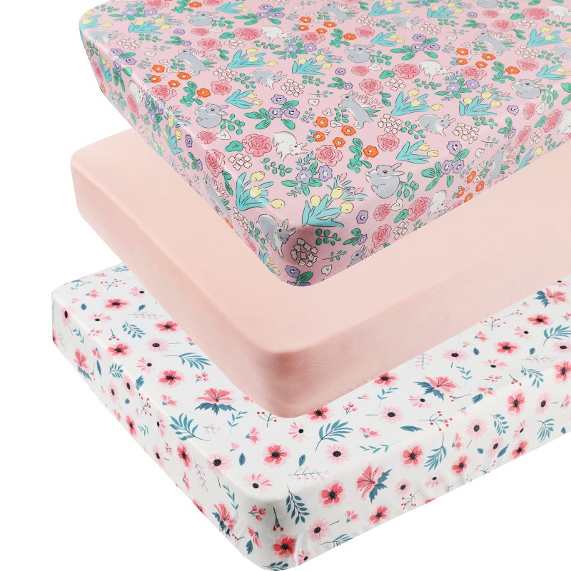 Tontukatu Pack n Play Sheet Stretchy Fitted Portable Mini Crib Sheets Set 3 Pack,Playard Sheets Convertible Playard Mattress Cover,Ultra Soft Jersey Material,Floral,Grey Rabbit & Pink - Image 1